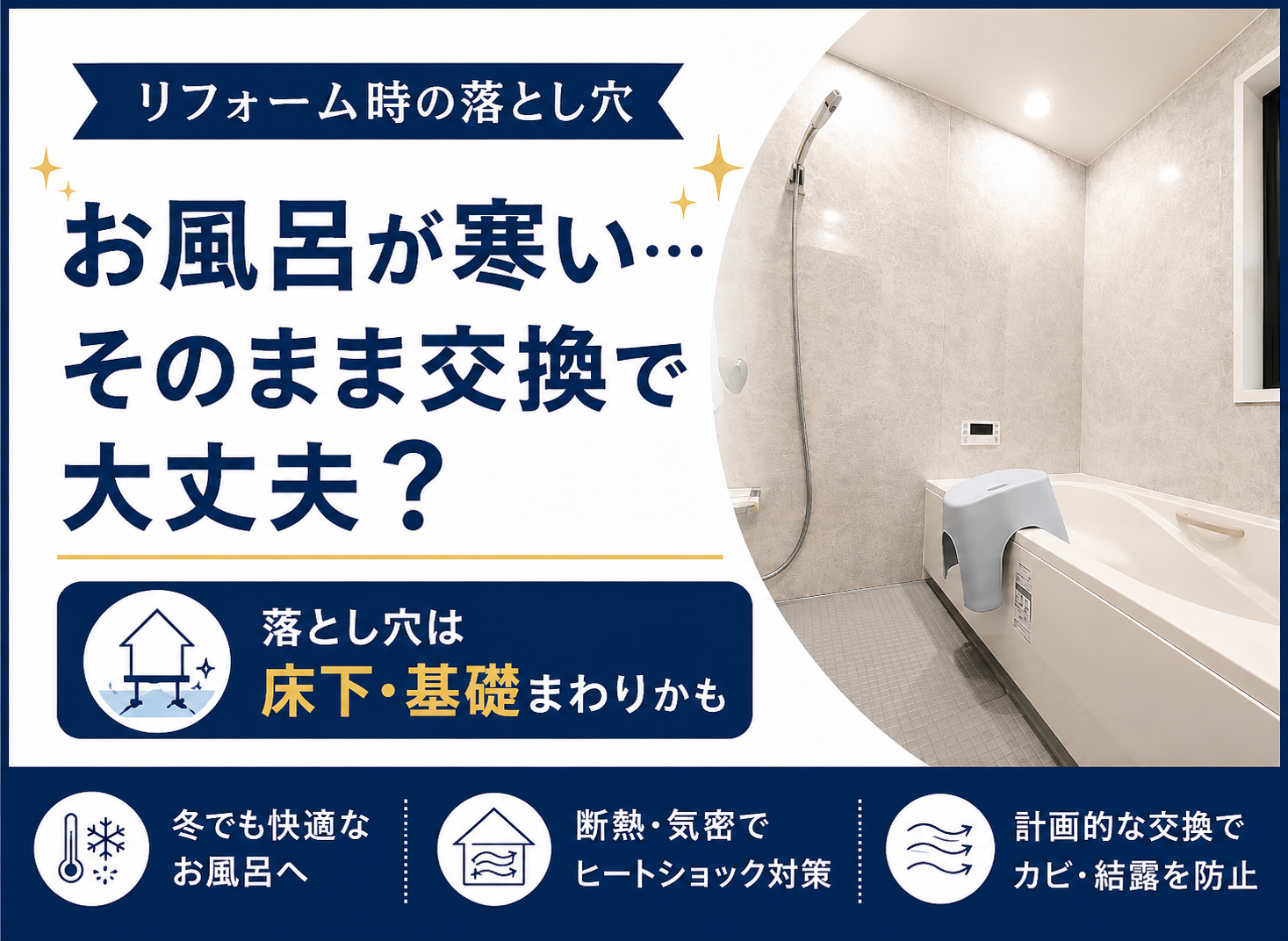 リフォーム時の落とし穴 vol.01 寒いお風呂の原因は床下かも？浴室リフォームで見落としたくない断熱・気密・換気のポイント アイキャッチ画像