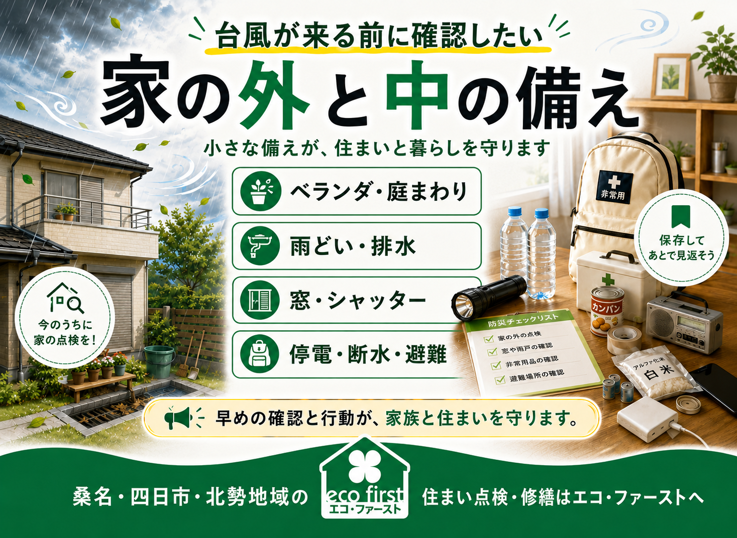 台風が来る前に確認したい家の外と中の備え｜桑名市・四日市市の住まい点検相談 アイキャッチ画像