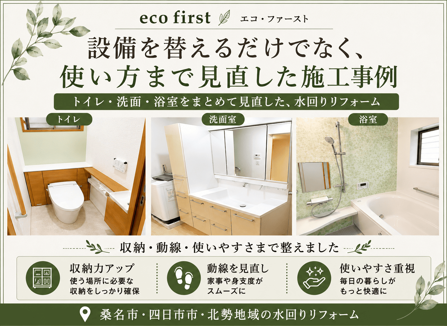 設備を替えるだけでなく、毎日の使い方まで見直した水回りリフォーム｜トイレ・洗面・浴室の施工事例 アイキャッチ画像