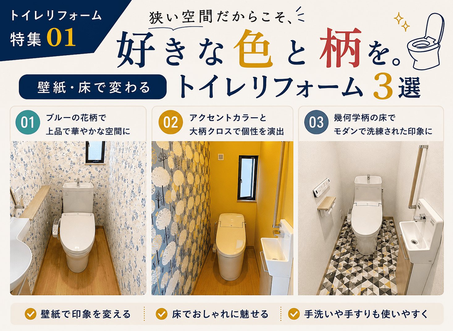 トイレリフォーム施工事例3選｜壁紙・床の色柄でここまで変わる アイキャッチ画像