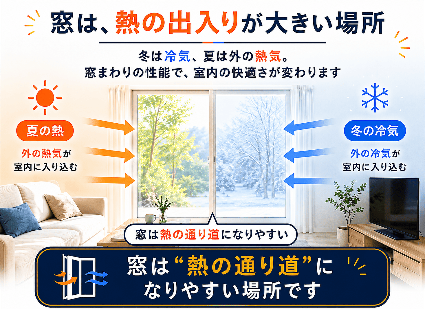 窓から入る夏の熱気と冬の冷気を説明する窓断熱リフォーム