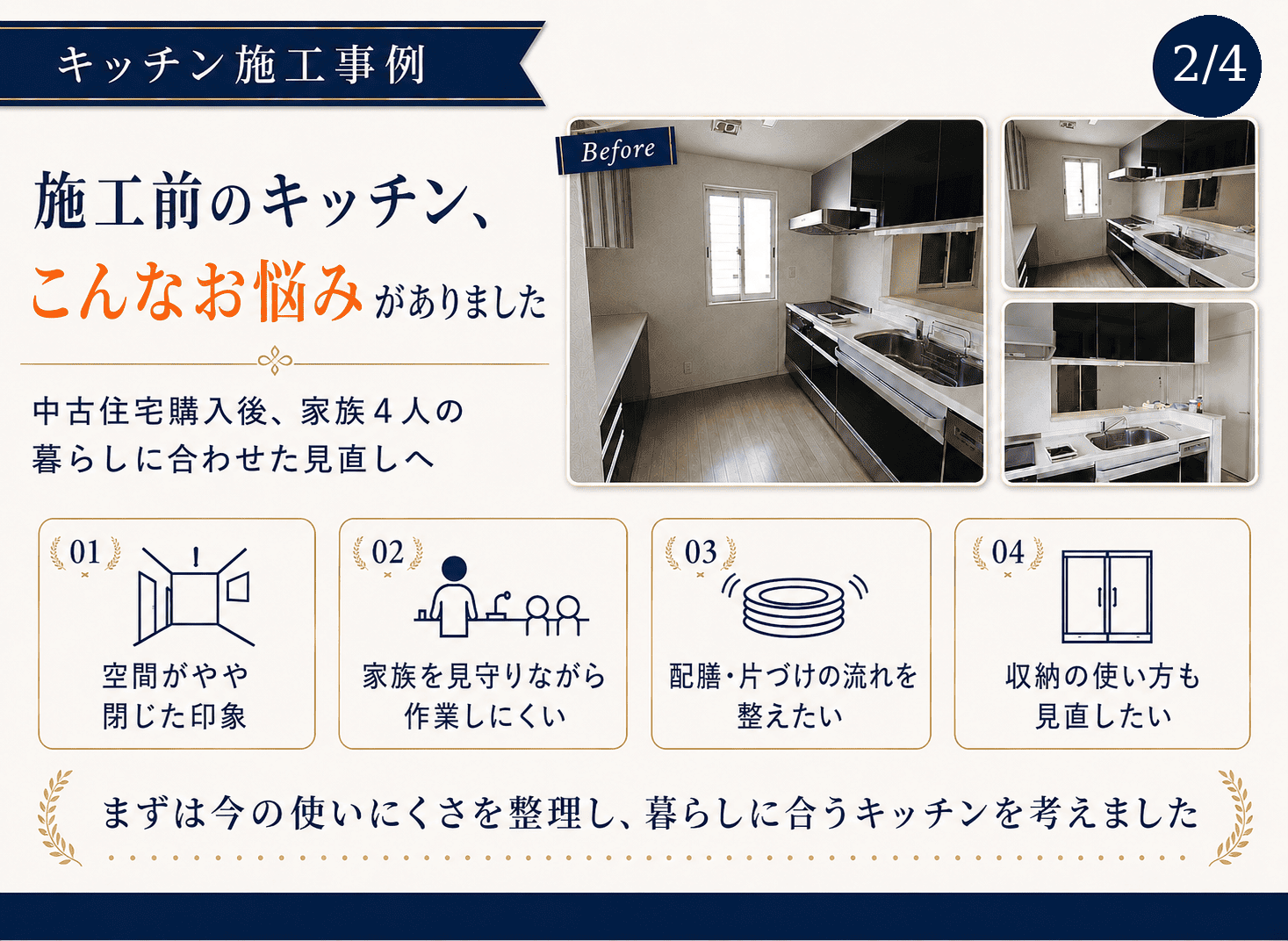 中古住宅キッチンリフォーム施工前 家族4人の暮らしに合わせて見直す前のキッチン