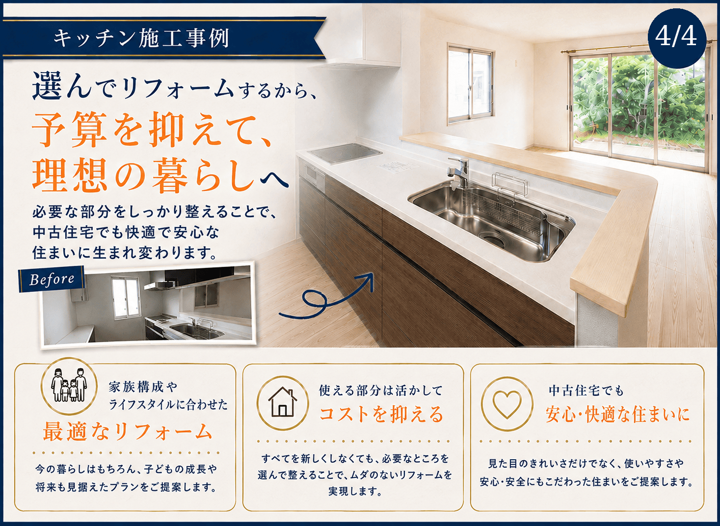 施工後の明るい対面キッチン 中古住宅を家族構成とライフスタイルに合わせて部分リフォーム