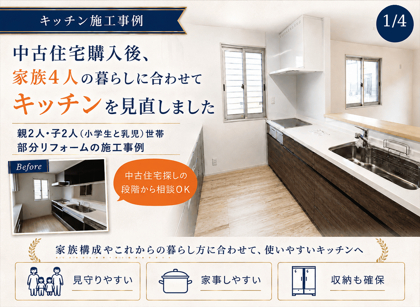 中古住宅購入後、家族4人の暮らしに合わせてキッチンを見直しました アイキャッチ画像