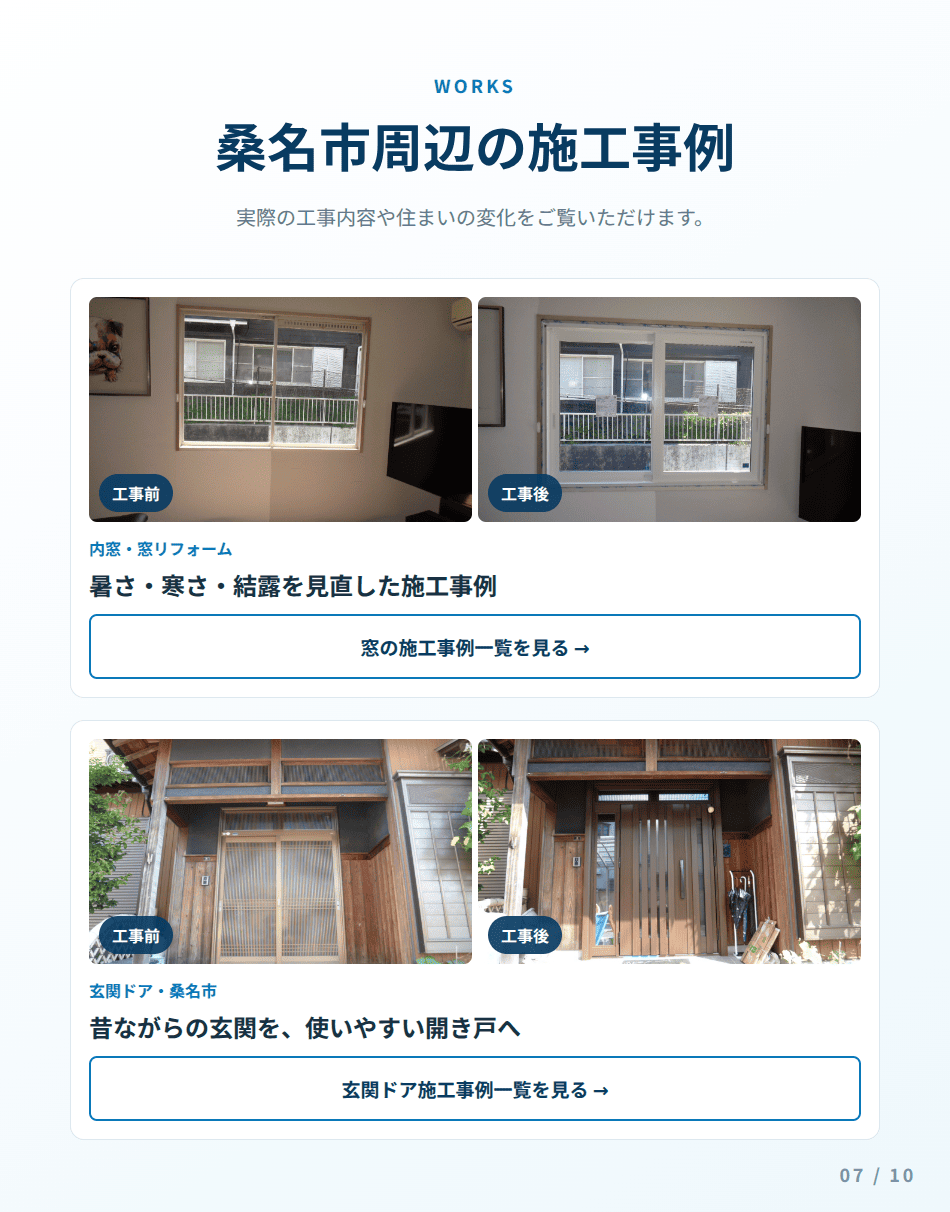 桑名市周辺で施工した内窓・外窓交換・玄関ドアリフォームの施工事例を見る